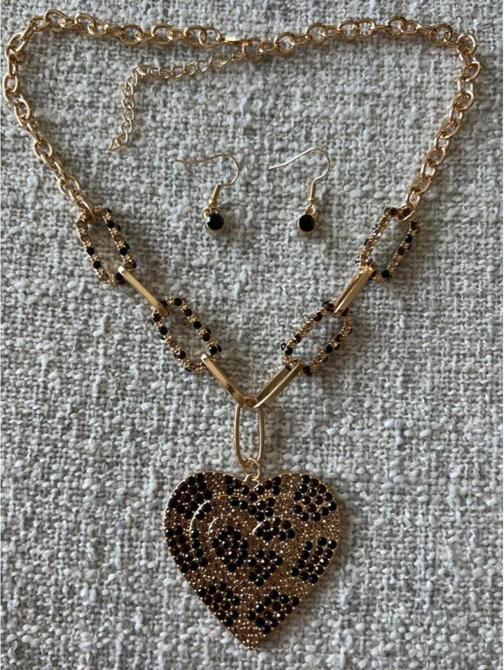 Leopard Print Chain Heart Pendant and Earrings